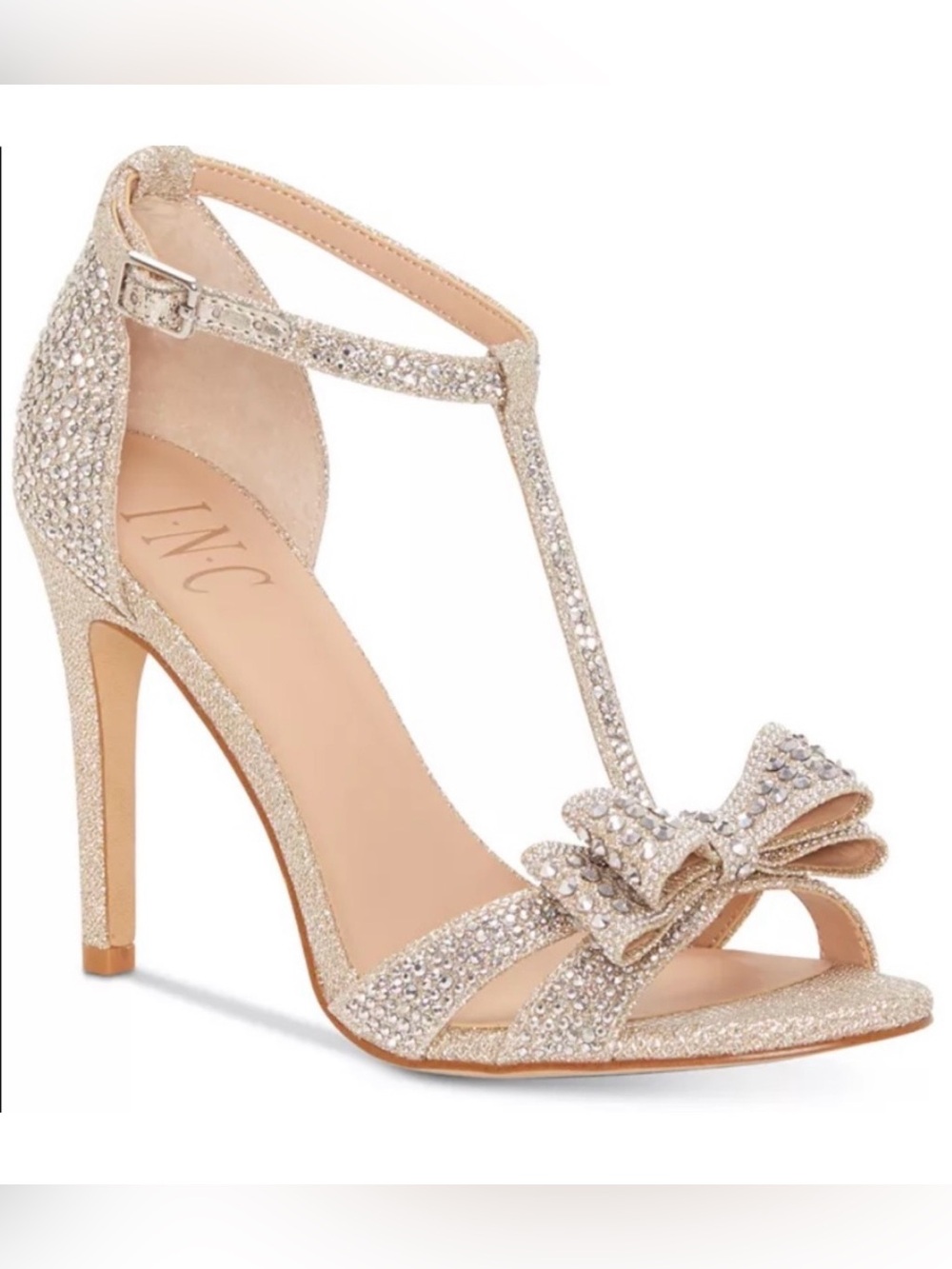 INC International Concepts Glitter Champagne T-Strap Bow Heels